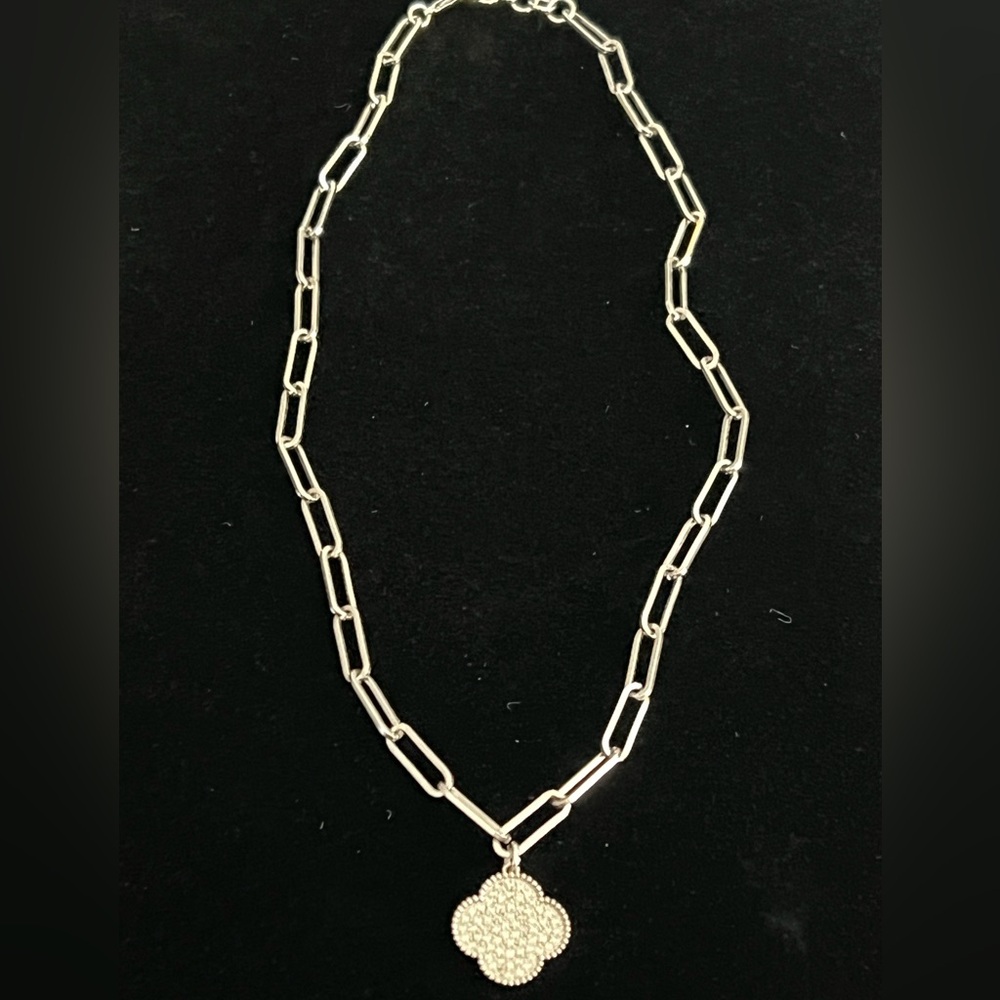 Clover Pave’ Crystal Pendant Paper Clip Chain Necklace NWOT